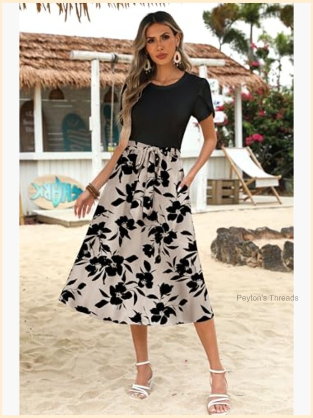 Midi Dress with Pockets, Floral T-Shirt Dress, Casual Beach Sundress for Women - Picture 3 of 7